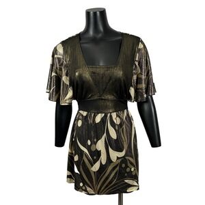 Fashion Bug Shiny Gold Vintage Top Blouse Flutter Sleeve 14/16W 90s Y2K‎ Tunic